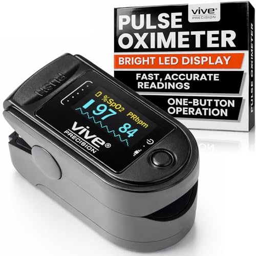 Vive Precision Pulse Oximeter - Oxygen Monitor Fingertip, Heart Rate Medical Grade Sensor LED Display - Accurate Finger Meter for Saturation SpO2, Lanyard & Batteries Included