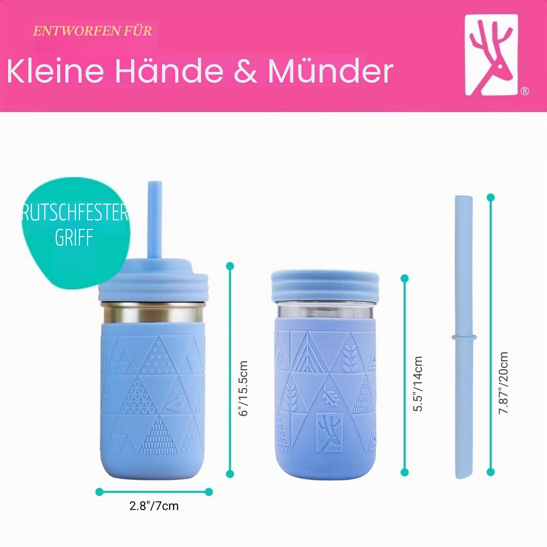 Elk and Friends 400 ml SS-Gläser Edelstahl Kinder Trinkbecher | Mason Jar mit Silikonhülle & Deckel | Silikon Strohhalm | Smoothie Becher | Auslaufsicher | Spülmaschinengeeignet | 2er Set