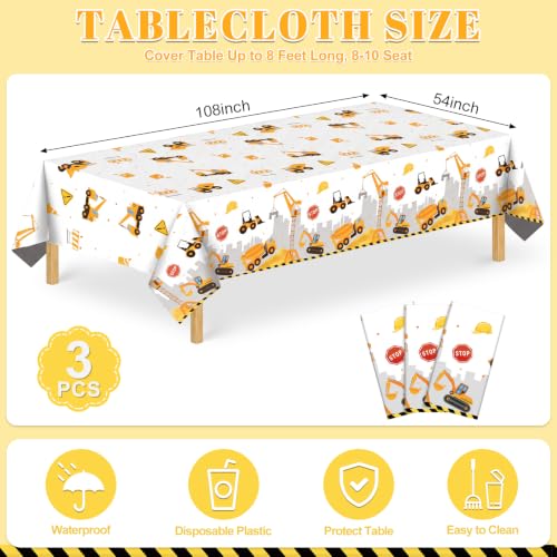 Image of 3 Pack Plastic Construction Tablecloths, Disposable Birthday Tablecloth | 54 x 108 Inch Waterproof Rectangle Truck Excavator Table Covers for Kids Boy Birthday Party Decorations