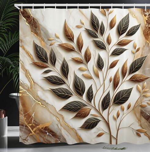 Ambesonne Brown Shower Curtain, Abstract Classic Leaves on Marble Print with Golden Yellow Tones Cracks, Cloth Fabric Bathroom Decor Set with Hooks, 69" W x 70" L, Marigold Ecru Dimgray