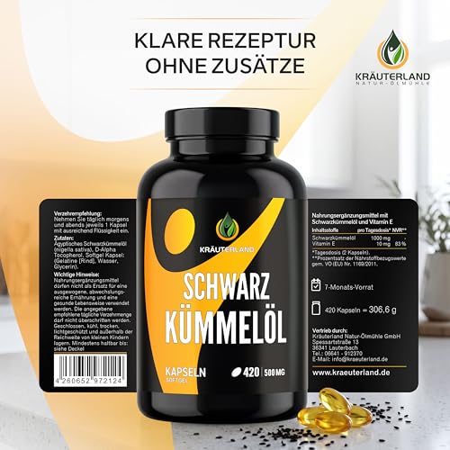 Kräuterland Schwarzkümmelöl Kapseln 420 Stück, hochdosiert (1000mg pro Tagesdosis), 100% Nigella Sativa, Omega Fettsäuren, ohne Zusatzstoffe, hoher Thymochinon, Deutsche Premium Qualität