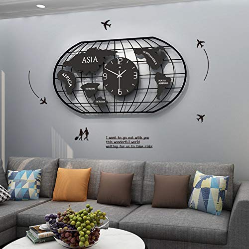 GGMWDSN Carte du Monde Horloge Murale Horloge, Métal+ Bois Horloge Mondiale Tenture Murale pour Bureau Maison Salon Mur Art Décorations pour Maison, Noire, 78X40cm