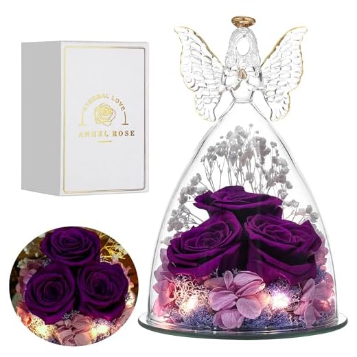 Tiaronics Mothers Day Flower Gifts Glass Angel Figurine with Three Roses Gifts, Preserved Forever Real Rose Gifts for Women, Angel Guardian with Rose for Valentine Day Mothers Day - Purple