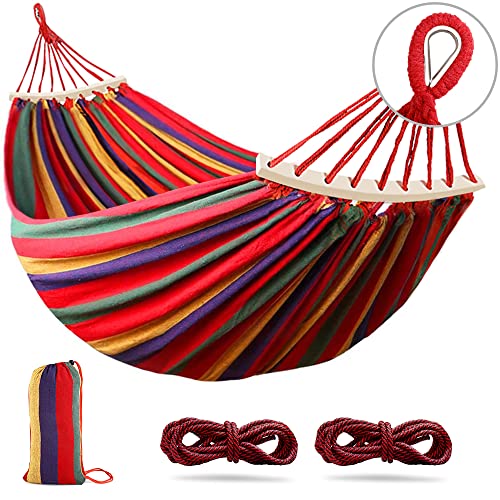 Outerman 275 x 155 cm Camping Hammock, Hammocks Thickened Canvas Fabric with 550lb Load Capacity, Two Anti Roll Balance Beam and Sturdy Metal Knot Tree Straps for Travel, Beach, Backyard etc.