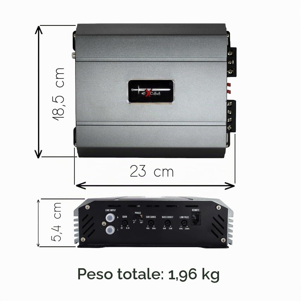 KIT SET PER EXCALIBUR X11000.1 1 amplificatore monofonico 1 canale, 2000 watt max a 1 ohm, 1 x 840 watt a 4 ohm, bass boost 0/+12 db spl, bagagliaio, per auto, 1 pezzo + accessori
