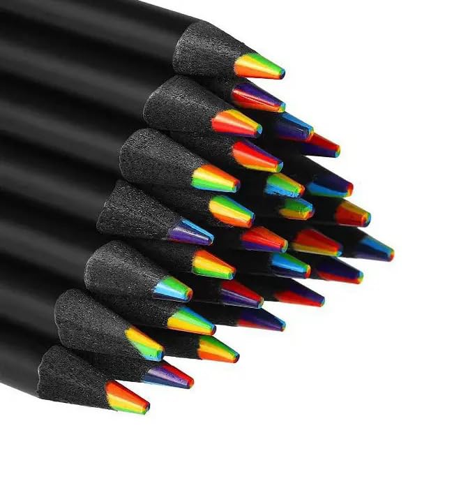 Gnexin 12Pcs Rainbow Pencils Colouring Pencils Sets 7 Color in 1 Black Wooden Colored Pencil Art Supplies for Girls Boys for Coloring Books, Easter Basket Stuffers, Drawing, Sketching