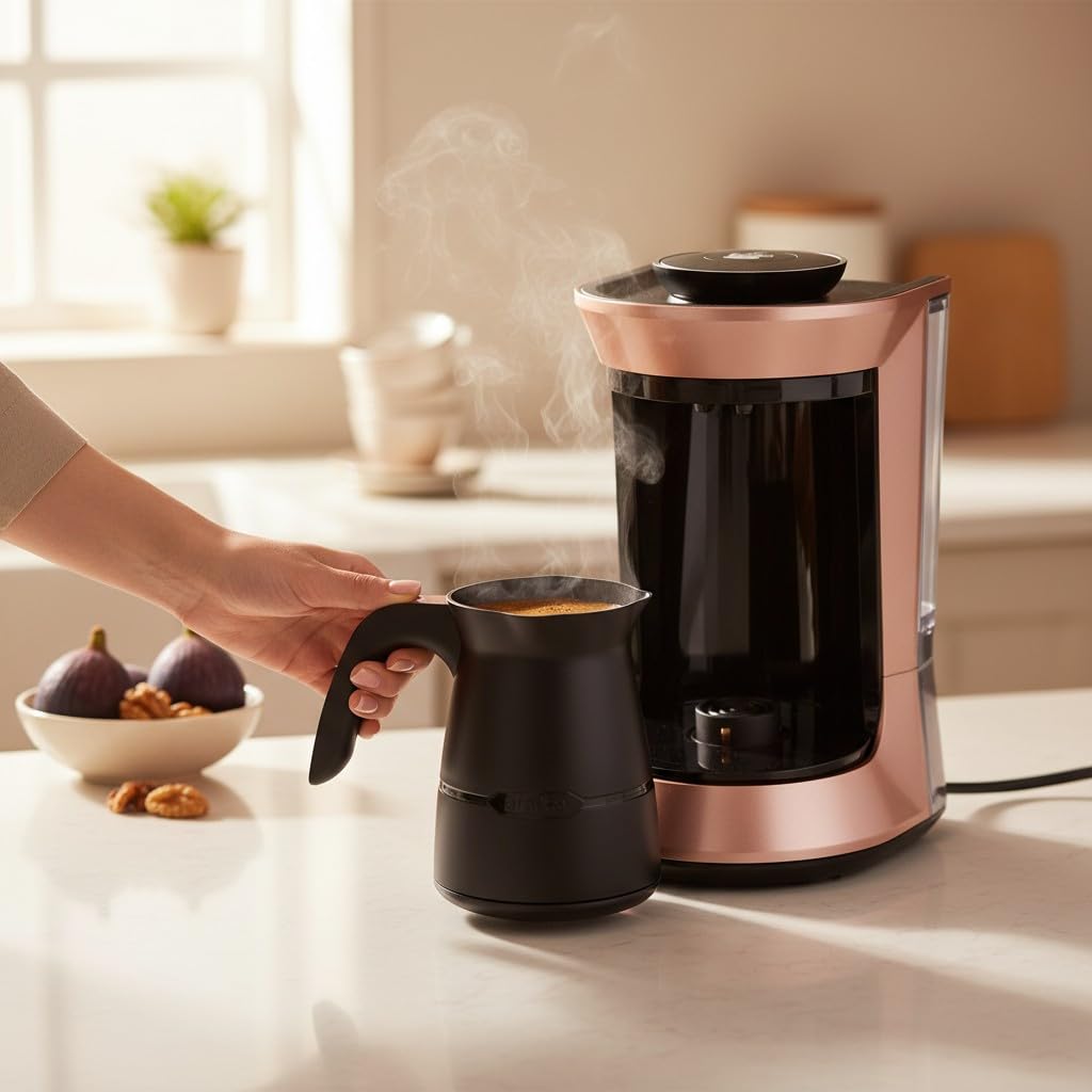 arnica Köpüklü - Türkische Mokka Kaffeemaschine Rose - 650W Edelstahl Kaffeekocher für Türkischen Kaffee - 4 Tassen 300ml - Überlaufschutz Ein-Klick-Bedienung