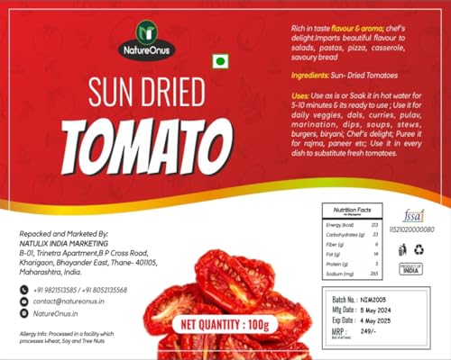 Image of NatureOnus Sun Dried Tomato, 100g | Tomatoes | Hygienically Solar Dried | Anti-oxidant Rich | Use in Dips, Marinades, Salads, Pasta, Veggies, Dals, Curries, Pulav, Soups, Stews, Burgers
