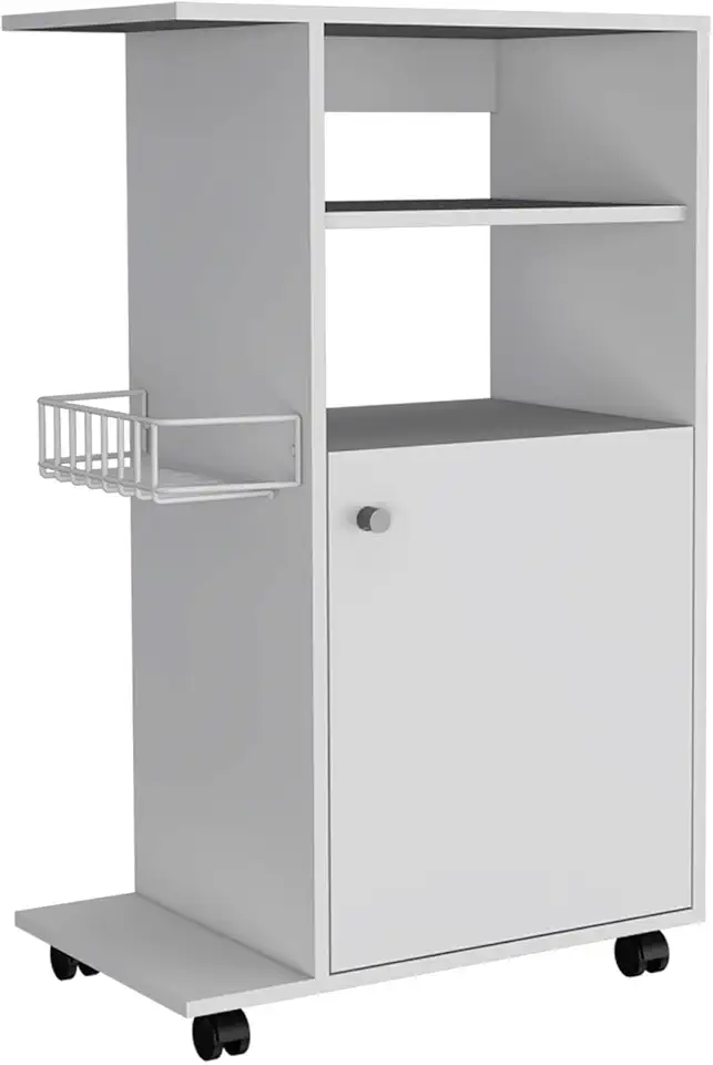 Ilha de cozinha com clipe de armazenamento, carrinho de cozinha com armário de porta única e quatro rodízios, solução de armazenamento, design moderno, balcão de cozinha branco