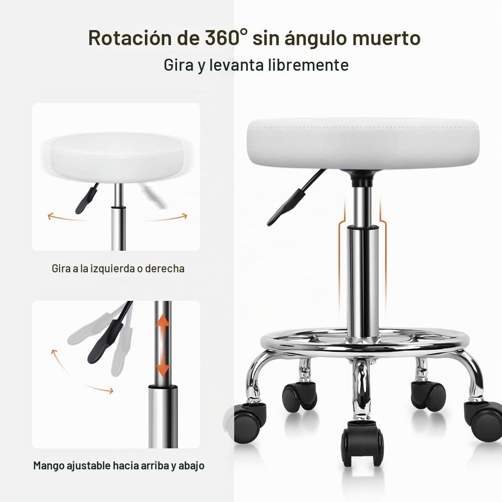 KKTONER Taburete Redondo de Cuero PU reposapiés Ajuste de Altura Giratorio SPA salón taburetes de Masaje Silla de Trabajo Color (Blanco)