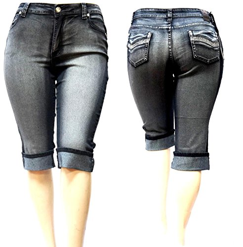 L'SQUARE Women's Plus Size Stretch Mid Rise Black Faded Wash Denim Jeans Capri