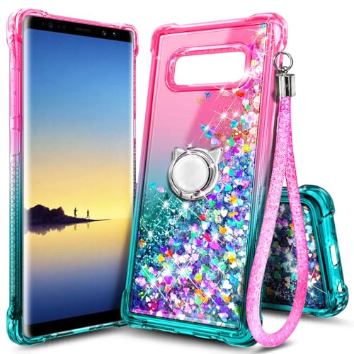 NZND Case for Samsung Galaxy Note 8 with Ring Holder/Wrist Strap Lanyard, Sparkle Glitter Flowing Liquid Women Girls Kids Cute Phone Case (Pink/Aqua)