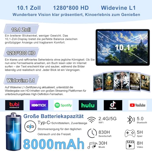 fezawio 10,1 Zoll Android 15 Gaming Tablet Gemini AI 30GB RAM +128GB ROM, Octa-Core 8000mAh, WiFi6, Widevine L1, GMS, 3.5mm Audio, GPS, Face ID mit Tastatur, Maus und Schutzhülle, Blau 4
