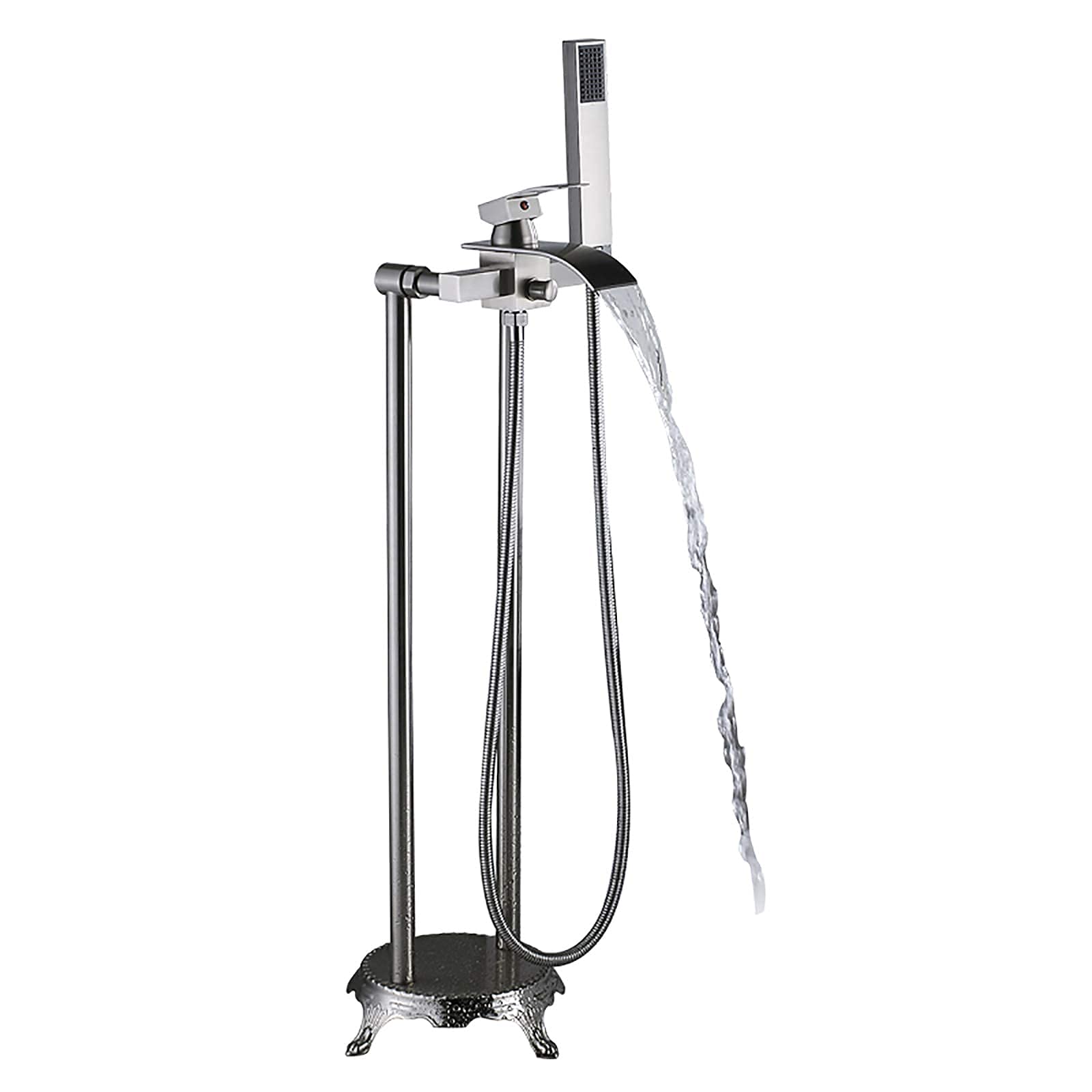SnamicE Faucet Bathroom, Toilet, Shower Room Freestanding Bathtub Faucet Single Handle Floor Mount Tub Filler Brass Freestanding Bath Taps with Handheld Shower and Waterfall Tub Sp,Brushed Nickel