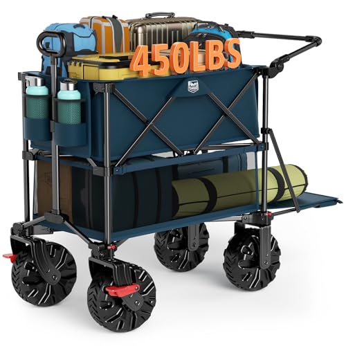 TIMBER RIDGE Push & Pull Double Decker Wagon 400L Large Capacity Heavy Duty & 450lb Load Collapsible Cart with All-Terrain Wheels & Brakes 54 Extended Foldable for Sports Beach Camping Blue