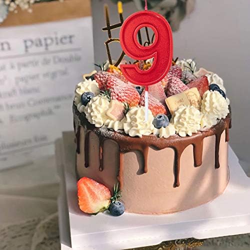 Miniatura 4 de Velas de cumpleaños de 2.76 pulgadas con purpurina color rojo número 5, decoración para aniversario de boda, celebración de fiesta (rojo número 5)