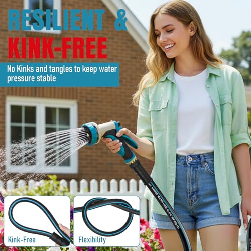 Image of Garden Hose 25 ft x 5 /8 inch with Nozzle, Water Hose Heavy Duty Flexible, Lightweight Kink-less Hybrid Hose with Swivel Handle, Male to Female Fittings (Blue, 25FT)