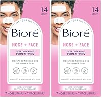 Biore Nose+Face, Deep Cleansing Pore Strips, 7 Nose + 7 Chin or Forehead, with Instant Blackhead Removal and Pore Unclogging, Oil-free, Non-Comedogenic Use, 14 count (Pack of 2)