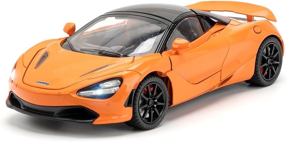 Image of 1:24 McLaren 720S Convertible Diecast Car | Alloy Metal Pull Back Toy Car with Openable Doors, Lights & Music | Model Car for Kids Boys Girls Gift & Collectors (Orange)