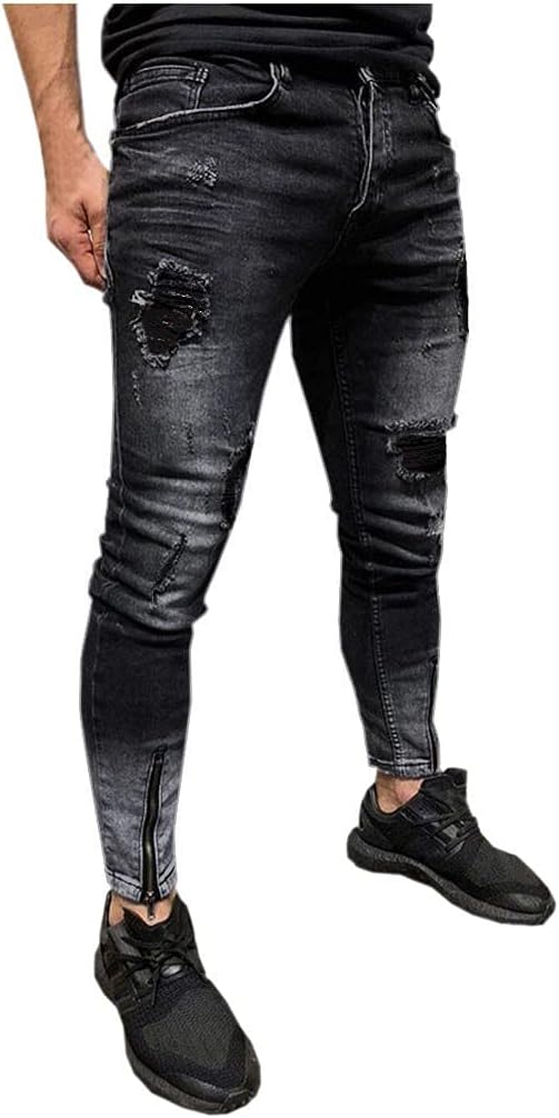 Générique Stretch Slim Trousers Distressed Denim Freyed Ripped Mens Fit Jeans for Men Trousers