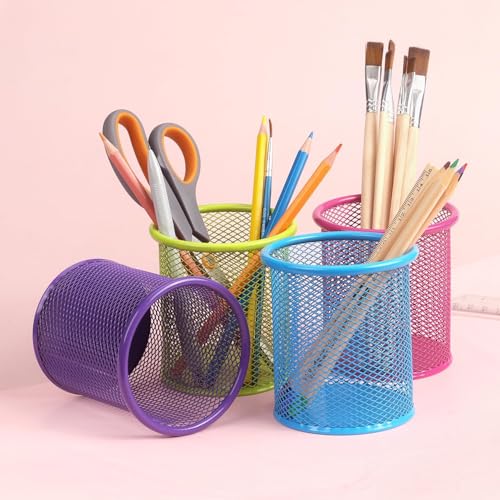 Image of Metal Mesh Pen Stand for Office & Home Desk | Black Stationery Holder Organizer for Pens, Pencils, Markers, Makeup Brushes | Durable Round Wire Mesh Pen Stand (Pack of 1) (Pink)
