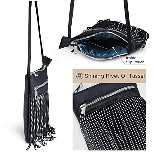 HOXIS Tassel Velvet Crossbody Bag Bling Glitter Purse Sparkle Women Evening Bag3