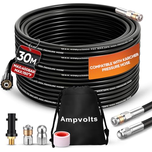 Ampvolts Desatascador de Tuberías a Presión 15m/30m – 400 bar / 5800 PSI, compatible con hidrolimpiadoras Karcher K2–K7, incluye adaptador y 2 boquillas, limpieza de tuberías y desagües