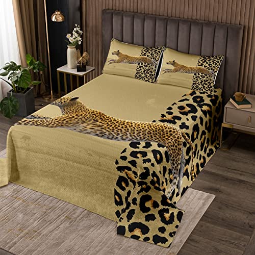 Homewish Tagesdecke mit Gepard 220 x 240 cm Boho Azteken Tierwelt Tagesdecke für Jungen Teenager Männer Wildtiere Leopardenmuster gesteppt afrikanisches Grasland Steppdecke Set Schlafzimmerdekoration