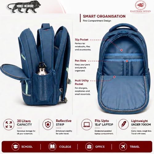 Image of EASTERN WIND 30L & 37L School Bag Backpack, 3 Compartments, Raincover, Laptop Sleeve, Safety Strip, Organizer. School Bag for Boys & Girls, College Bag, Office Bag.