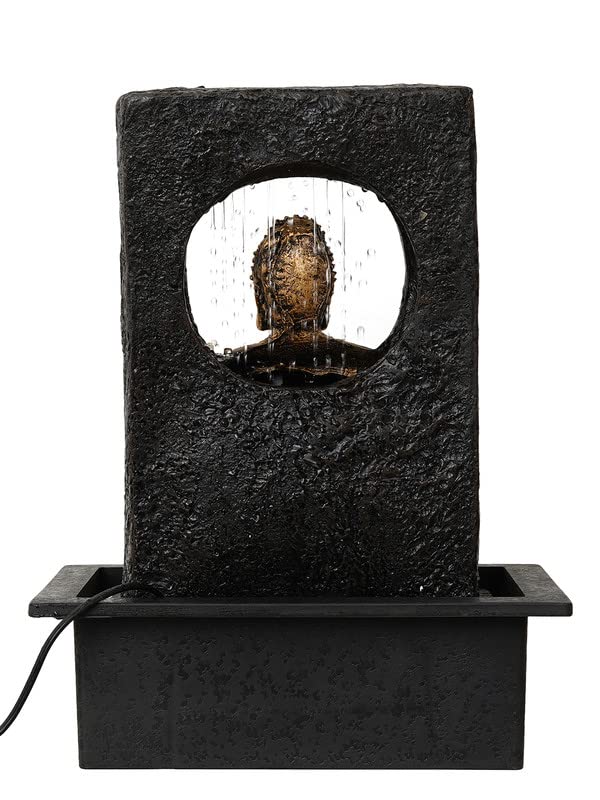 Image of Polyresin Table Top Golden Brown Meditating Buddha Indoor Waterfall Fountain for Home Decor with Yellow LED Lights, Speed Controller Pump (Size: 38 x 22 x 29.5CM | Weight: 2120grm)