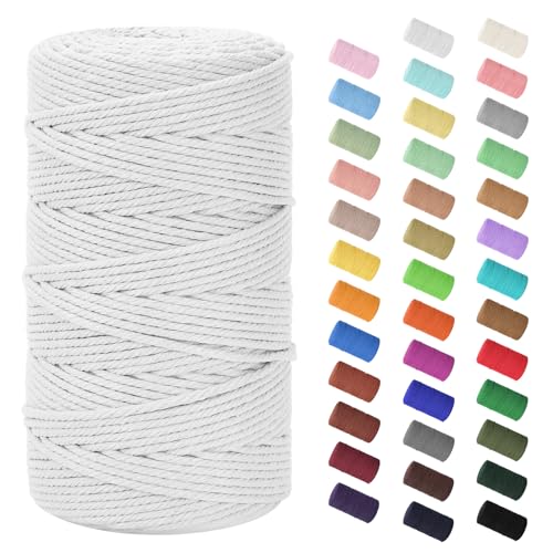 Makramee Garn 3mm x 200m, Baumwollkordel Farbig Baumwollgarn Geflochten Baumwollseil, Natürliche Baumwollschnur für Makramee Wandbehang, Blumenampel, Vorhang und Mehr DIY Deco, Weiß
