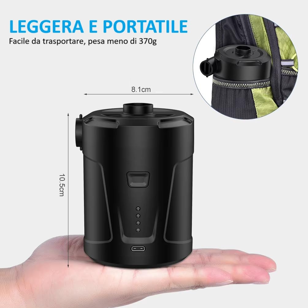 FAVIAN Pompa Elettrica Portatile da campeggio Rapida 5200 mAh – Ricaricabile USB-C – 3,5 Bar – Compatta e Leggera con 3 Ugelli per Materassi, Piscine e gonfiabili