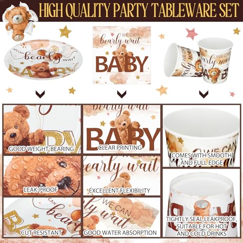 Hushee 200 Pcs Brown Bear Baby Shower Paper Plates Napkins Cups Baby Shower Party Supplies Tableware Set Brown Bear Disposable Cup Napkin for 50 Guest Spring Party Decoration by Hushee - Used condition - Image 4