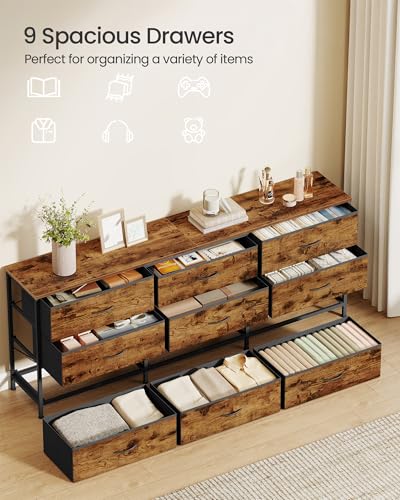 Image of SONGMICS BELLAH Collection - Dresser for Bedroom, TV Stand for TVs Up to 70 Inches, Chest of Drawers for Living Room, Closet, Steel, 9 Drawers, Industrial, Rustic Brown and Ink Black ULGS233KD02S