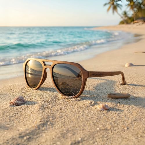 Image of Aviator Wood Polarized Sunglasses - Cool Style Wooden Sun Glasses with Bamboo Case for Men and Women Perfect Gifts