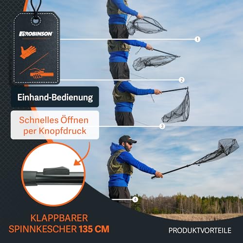 Robinson Angel Kescher gummiert - Einhändig klappbar, Raubfischkescher ideal zum Spinnfischen, Waten und Bootsangeln - 135 cm, Korb 62×54 cm - Netztiefe 50 cm - 10 mm Masche - schnell trocknend