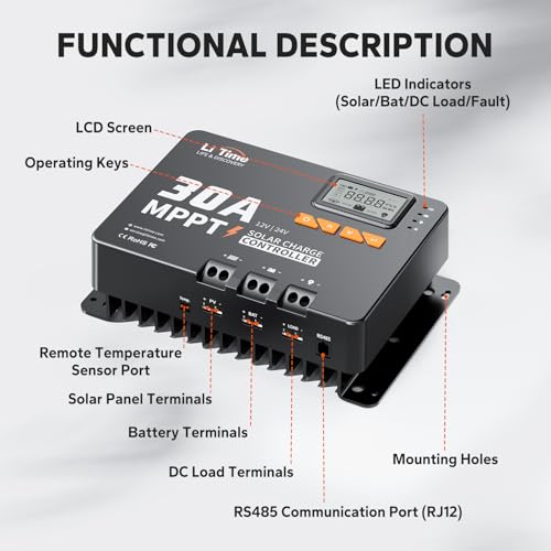 Image of LiTime 12V /24V 30A MPPT Solar Charge Controller Bluetooth, LCD Display