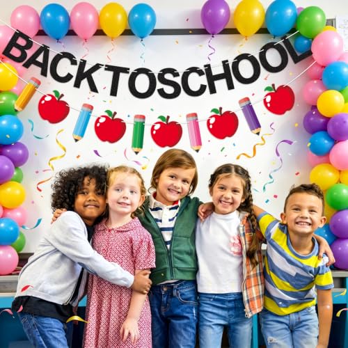 Image of Welcome Back to School Banner First Day of School Garland Black Glitter Pencil Apple Classroom Decorations for Teacher Preschool Classroom Office Home Decor Photo Backdrop Party Favors