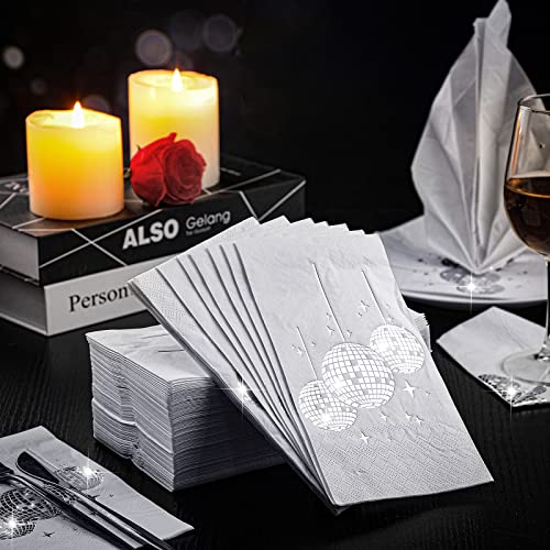 100 Pcs Disco Party Cocktail Napkins With Silver Foil Guest Towel Napkins Paper Disposable 70S 80S 90S Party Supplies Cocktail Napkins For Wedding Birthday Graduation 3 Ply 4 X 8 In (White Background) #TOP1