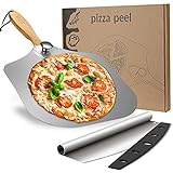 SXTWBK Aluminum Metal Pizza Peel, 12 x 14 inch Pizza Spatula with Foldable Wood Handle and 13.75 inch Pizza Cutter with Cover，Easy Storage Pizza Spatula for Baking and Slicing Homemade Pizza Bread
