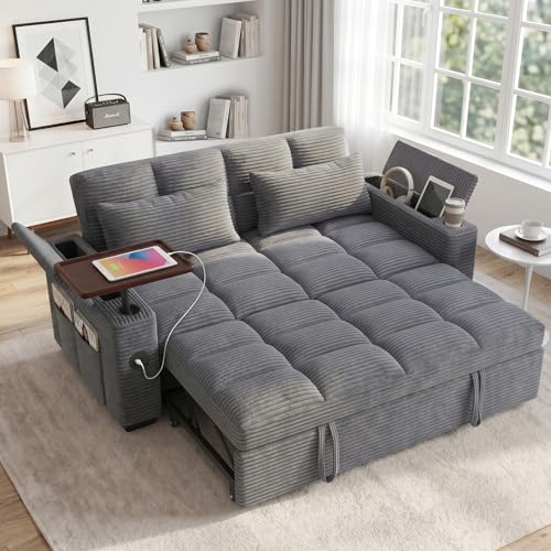 Image of Dreamzie 65'' Convertible Sleeper Sofa Bed with 90 Swivel Side Table, Pull Out Couch for Living Room, Loveseat Sleeper Couch with Hidden Storage Space | Charging Port | Cup Holders, Grey