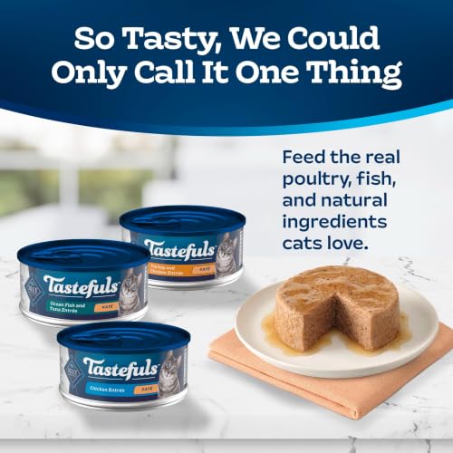 Image of Blue Buffalo Tastefuls Wet Cat Food Pate Variety Pack (Chicken, Turkey & Chicken, Ocean Fish & Tuna) for Adult Cats, Made with Natural Ingredients, 5.5-oz. Each (24 Cans)