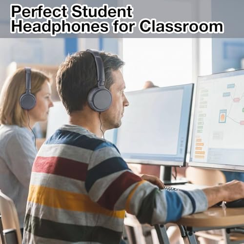 Image of Yunsailing 6 Pack Classroom Headphones Bulk, Wired Headphones,Gray | Student School Supplies, Individually Wrapped, Adjustable, over Ear Head Earbuds, for Laptop PC Computer
