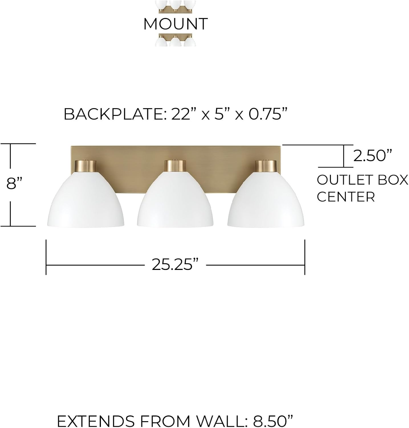 HomePlace by Capital Lighting 152031AW Ross Modern Luxe Art Deco Mid-Century Matte White Metal Cone Bath Vanity Wall Light, 3-Light 300 Total Watts, 8" H x 25" W, Aged Brass and White