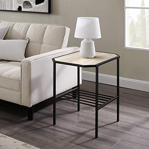 Walker Edison Daax Contemporary 2 Tier Small Modern Square Metal and Wood Side Table with Chamford Corners, 22 Inch, Walnut