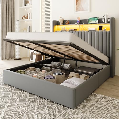Image of Allewie Full Size Lift Up Storage LED Bed Frame, Charging Station, Grey