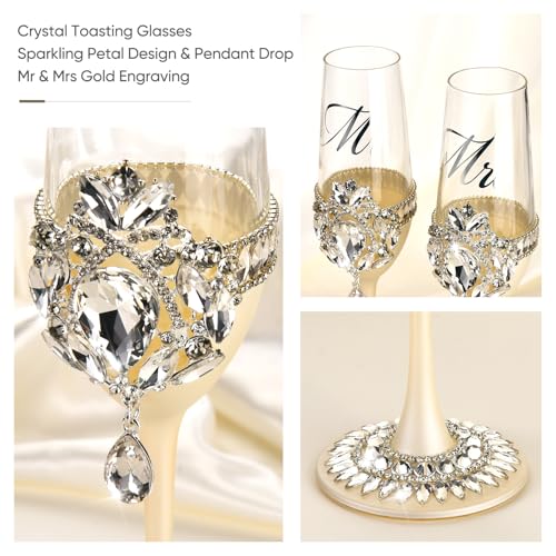 Wedding Cake Cutting Set with Crystal Champagne Flutes, Silver - Image 3
