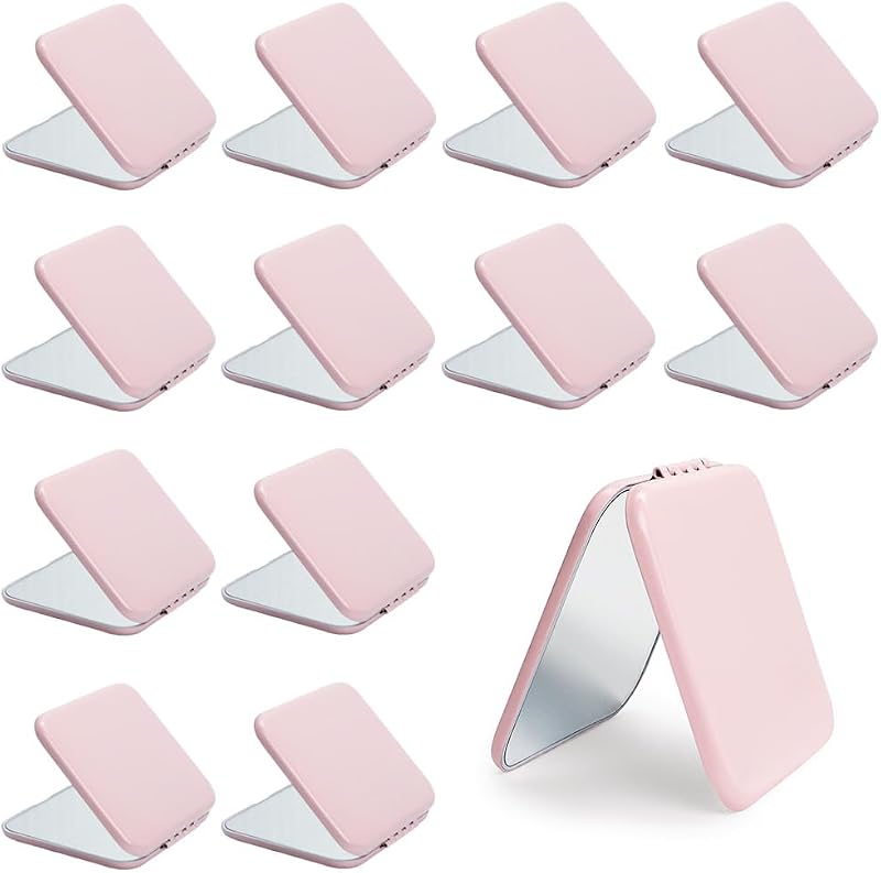 Espelho compacto quadrado MLLXX com duas faces, ampliação 1X/2X, rosa, pacote com 12