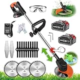 Desbrozadora Electrica Cortabordes con Batería, con 2 Pcs 3000 mA de Alta Potencia Batería, 3 en 1 Cortacésped Inalámbrico, Ligero 1,2 kg para el Poder del Jardín, Césped, Naranja Negro