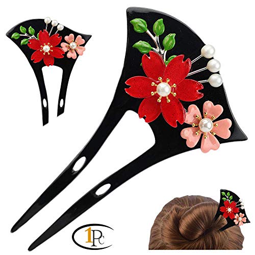 FINGER LOVE Acrylic 2-Prong Geisha Hair Stick Fork with 3D Flowers and Leaves (BLACK)